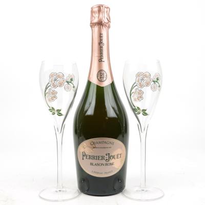 Perrier-Jouet Blason Rose Brut NV Champagne & 2 Branded Flutes